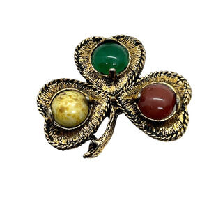 Brooch Pin Shamrock 3 Leaf Clover Gold Tone Vintage Faux Connemara Marble Irish